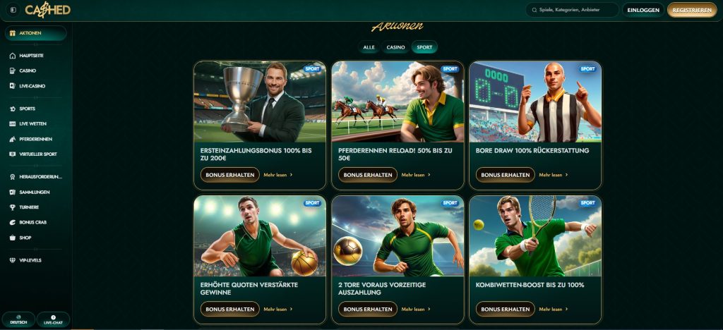Die Webseite präsentiert verschiedene Sportwetten-Aktionen. Links befindet sich ein Menü mit Auswahlmöglichkeiten wie Hauptseite, Casino, Live-Casino, Sports, Live-Wetten, Pferderennen, Virtueller Sport, Herausforderungen, Sammlungen, Turniere, Bonus Crab, Shop und VIP-Levels. Sechs zentrale Bonusangebote stehen zur Verfügung, darunter ein 100% Ersteinzahlungsbonus bis zu 200€, ein 50% Pferderennen-Reload-Bonus bis zu 50€, eine 100% Rückerstattung für Bore Draw, erhöhte Quoten für verstärkte Gewinne, eine vorzeitige Auszahlung bei zwei Toren Vorsprung und ein Kombiwetten-Boost bis zu 100%. Jede Aktion enthält eine kurze Beschreibung, eine Schaltfläche „Bonus erhalten“ und einen Link „Mehr lesen“.